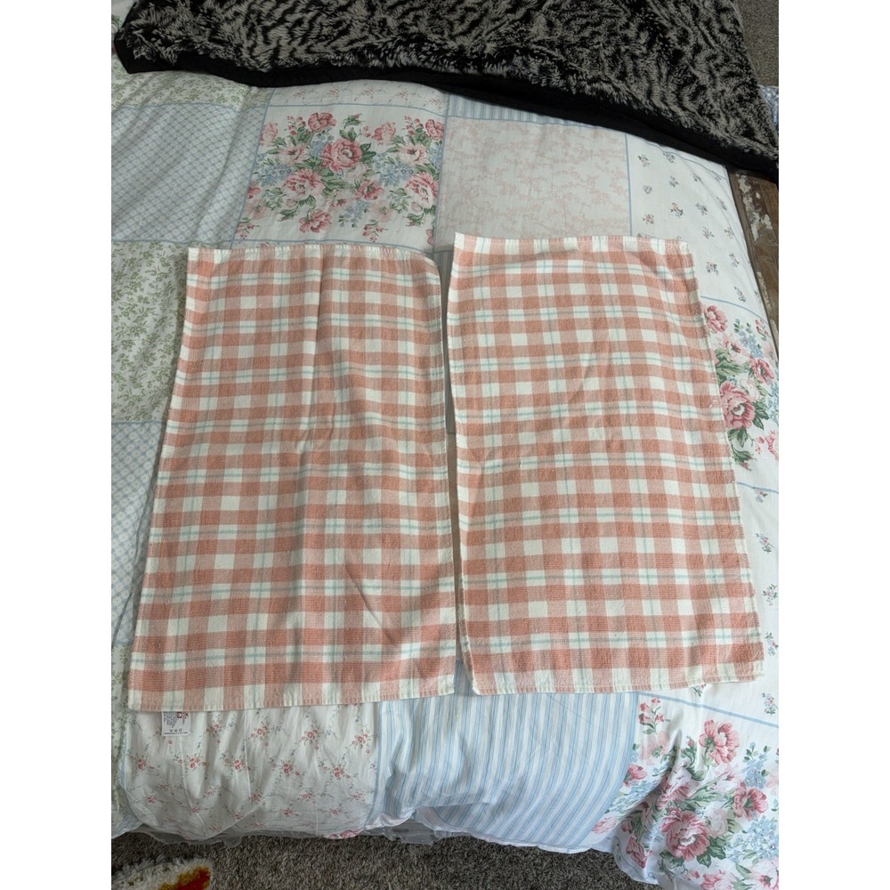 Vintage Cannon 2 Dish Towels Salmon Pink Blue Plaid Stripe 16x26